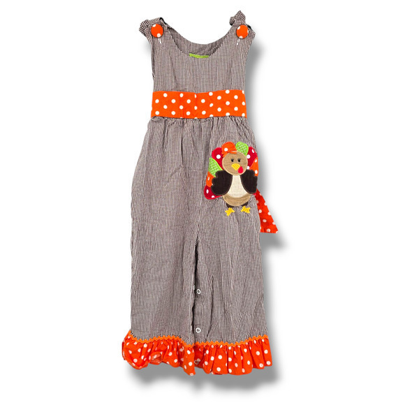 StellyBelly Vintage Baby Girl Fall Thanksgiving Turkey Ruffle‎ Jumpsuit Size 18M - Picture 1 of 7